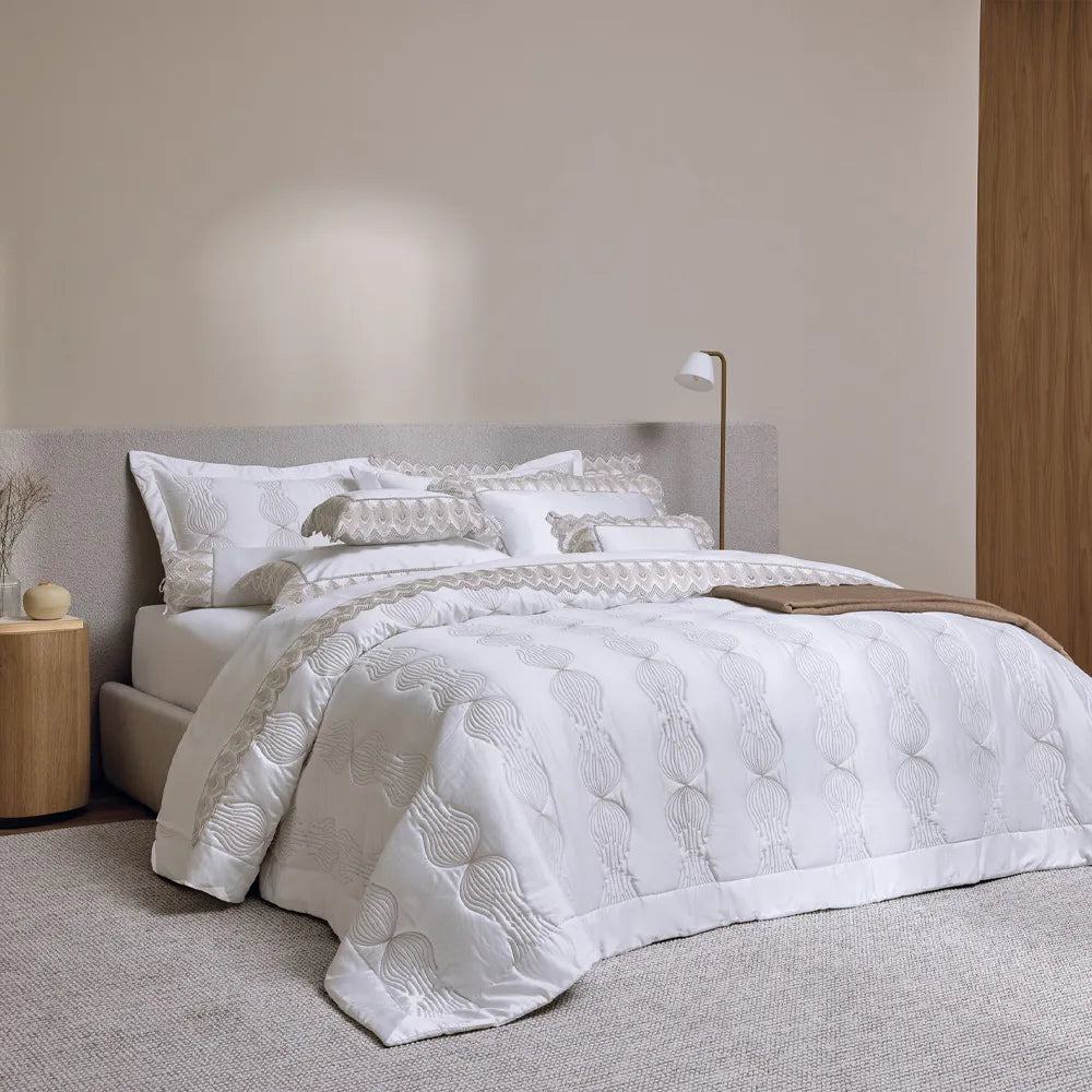 Trussardi - Jogo de Cama Queen 600 Fios Algodão Egípcio Piume Branco/Legno